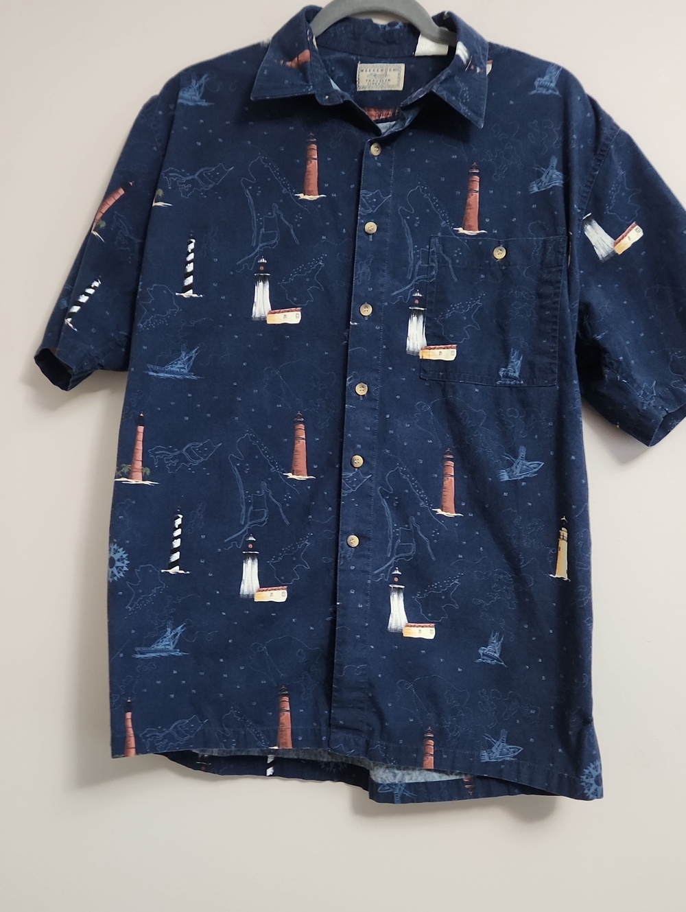 Weekender Traveler Navy Short-Sleeve Lighthouse Print Button-Down Shirt